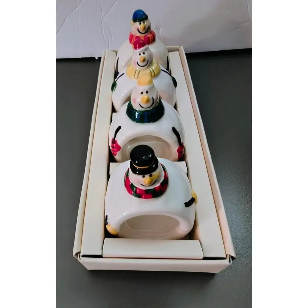 Set of 4 Williams Sonoma Snowman Ceramic Napkin Rings Holiday Christmas